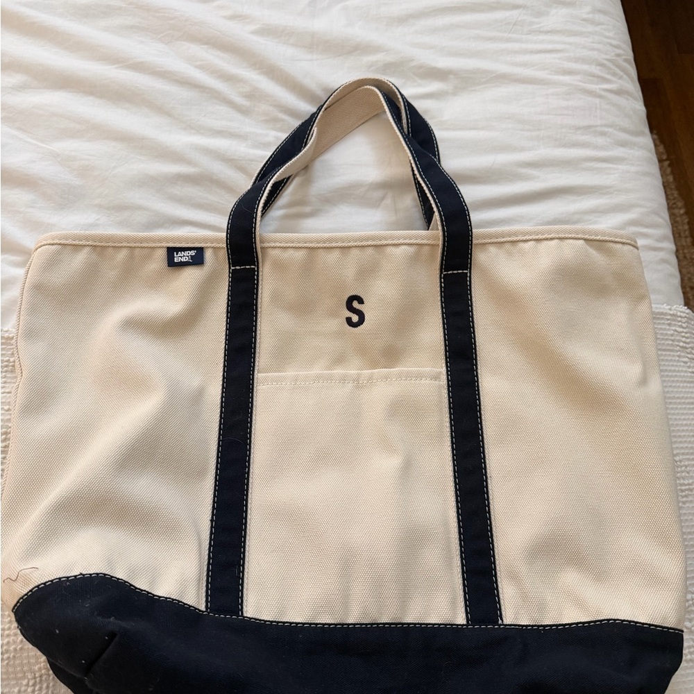Lands' End Navy and Cream Canvas Tote Bag